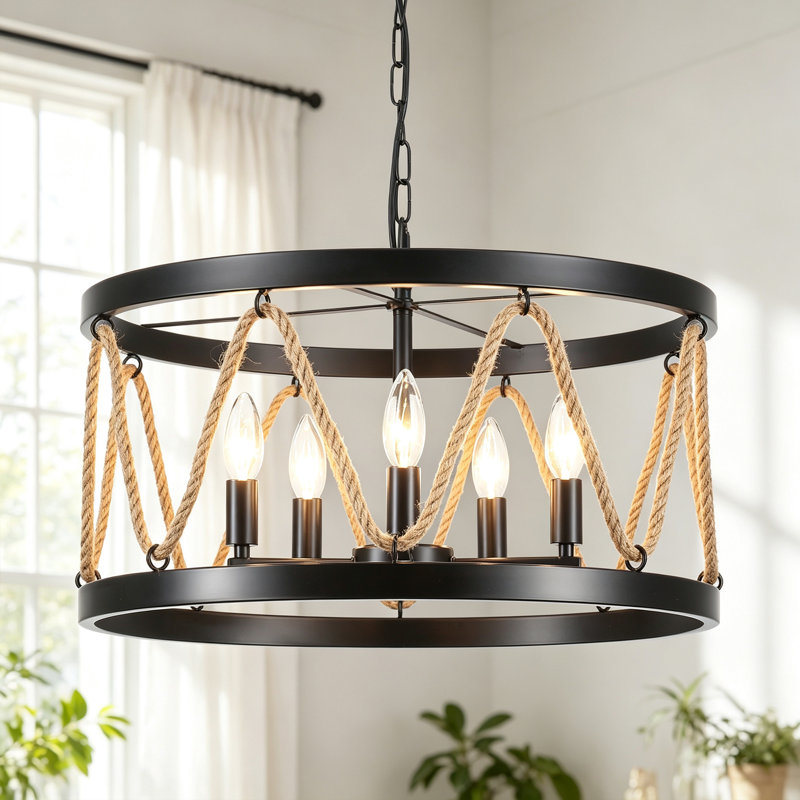 Lustre cylindrique à 5 lumières de 20 pouces à intensité variable avec corde de chanvre pour le salon, Noir mat