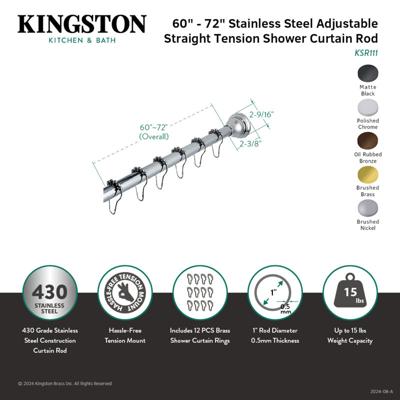 Ensemble de tringle à rideau de douche ajustable de 60 à 72 pouces avec anneaux Kingston Brass Edenscape, Noir mat