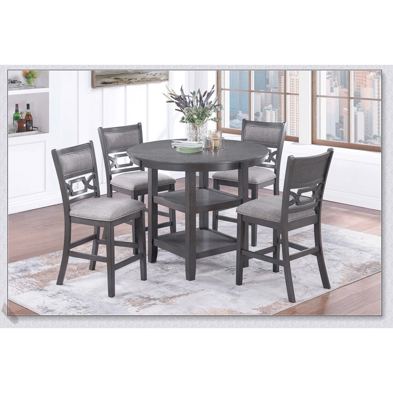 Ensemble de salle à manger à hauteur de comptoir 5 pièces gris avec table ronde, tablettes et 4 chaises hautes pour maisons contemporaines modernes