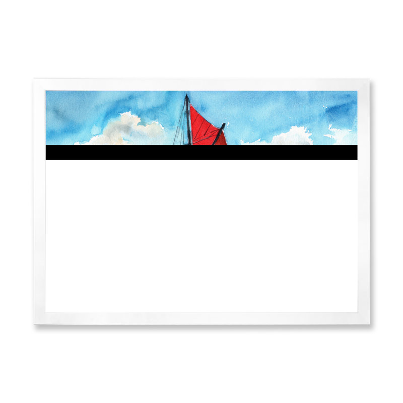 Voilier avec voiles rouges sur l'océan bleu - Peinture sur toile, H 25,5 po x l 33,5 po, Cadre blanc