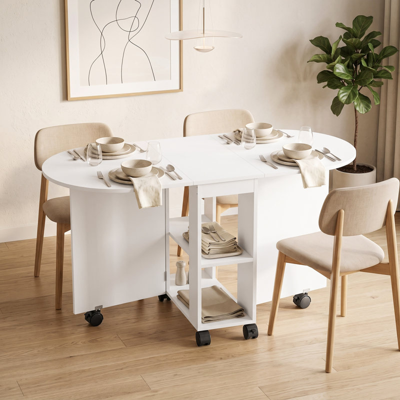 Table pliante avec 2 étagères, table de salle à manger pliante, blanche, Blanc