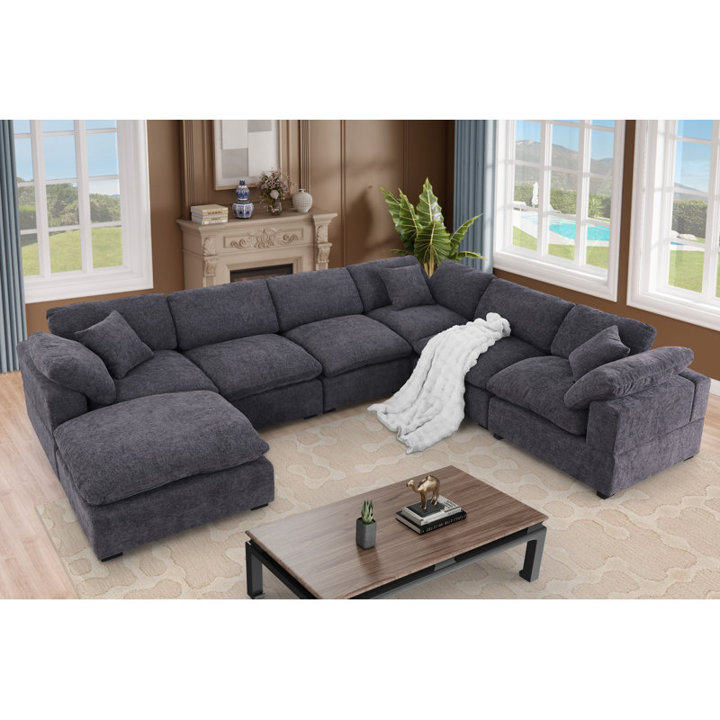 Vivianna 7- Piece Comfy Reversible Corner Sectional Sofa Couch With Ottoman, Dark Gray