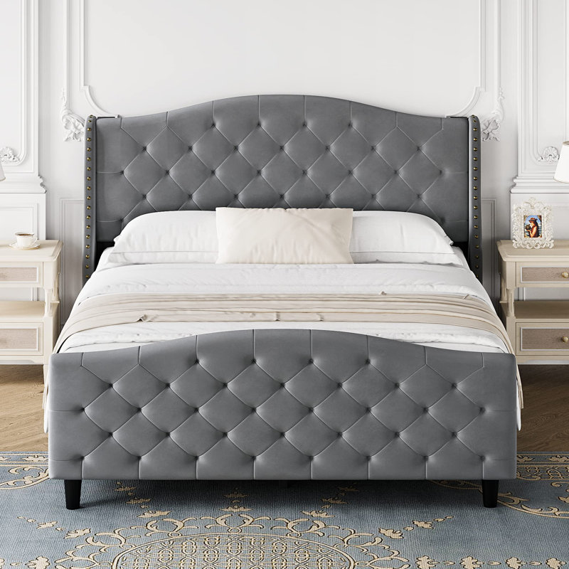 Lit plateforme capitonné Jaquail, gris, Grand