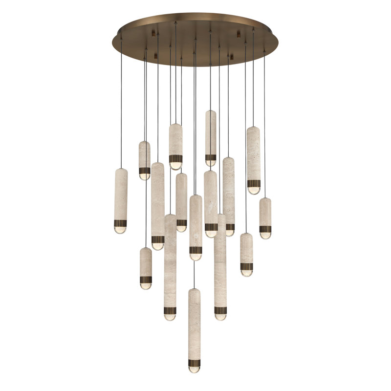 Lustre, 16 lumières, 32 po, laiton antique, travertin, Laiton