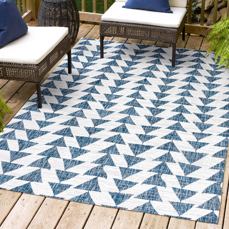 Anatolia Modern Tribal Geometric Blue/Ivory Indoor/Outdoor Rug, Rectangle 3'11" x 6'