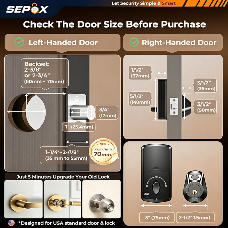 Serrure à pêne dormant intelligent SEPOX® 4PC - entrée sans clé 5-en-1 (empreinte digitale, Bluetooth, Wi-Fi, application Tuya, clé) - Verrouillage / déverrouillage automatique, compatible avec les portes avant et chambre à coucher, levier et bouton