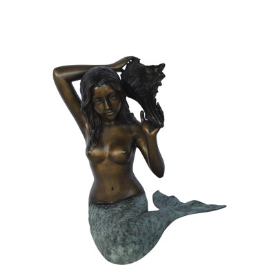 Statue sirène en bronze avec coquille de conque - Taille: L 16 po x l 17 po x H 21 po.