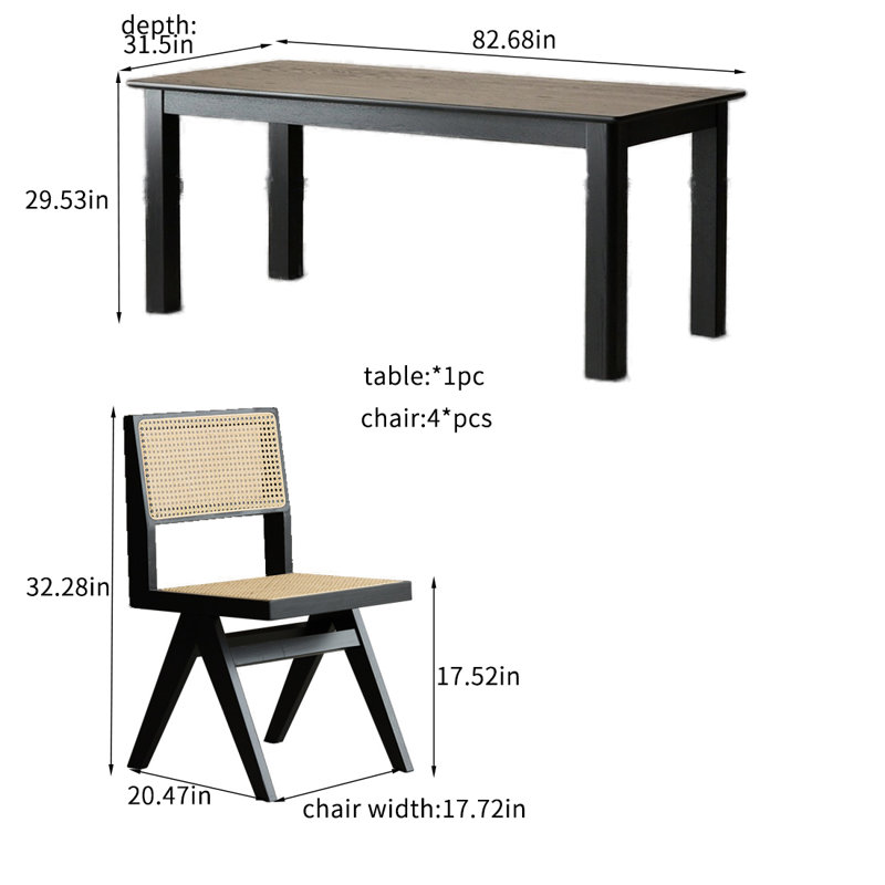 Solid wood black simple dining tables sets, 29.53"H x 82.68"L  x 31.5"W