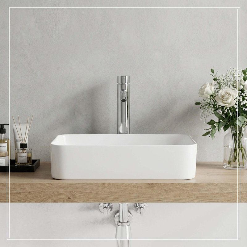 Lavabo vasque rectangulaire blanc en céramique, lavabo de salle de bain élégant et émaillé, lavabo de comptoir