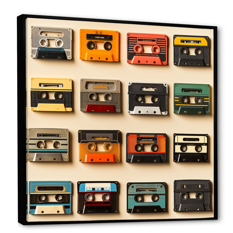 Retro Cassette Tape Collection III - Cassette Tapes Wall Art, Cadre flottant noir, H 16 po x l 16 po x P 1 po