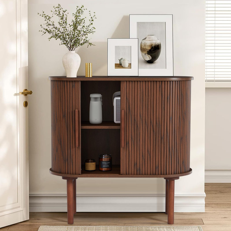 Walnut Fluted MDF Sideboard Buffet Cabinet with Slide Doors