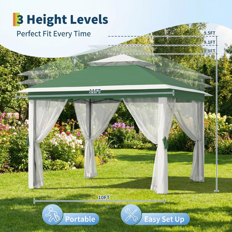 Pavillon de jardin extérieur 11 po x 11 pi avec double toit, Vert