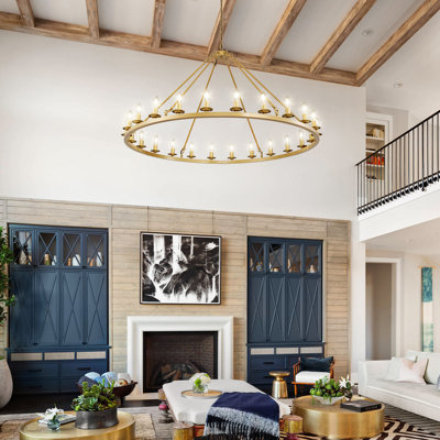 24-Light-Wagon Wheel Chandelier, Farmhouse Wagon Wheel Chandeliers For Dining Room, Round Chandelier For Living Room, Foyer, Entryway