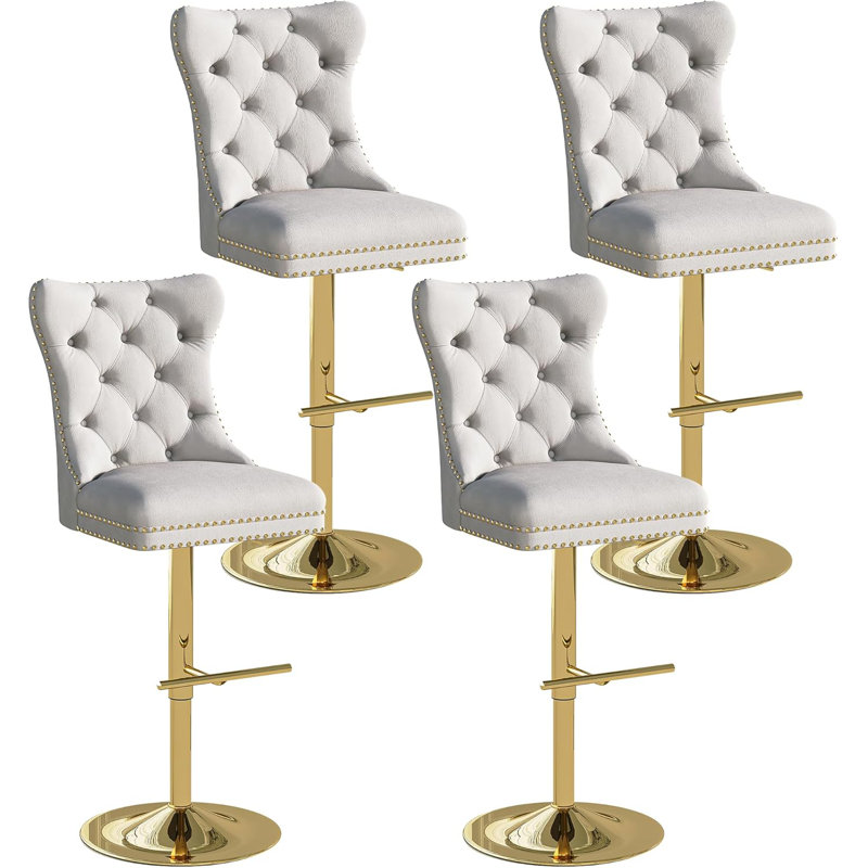 Swivel Upholstered Adjustable Height Counter Stool With Metal Frame, White, Gold, 4