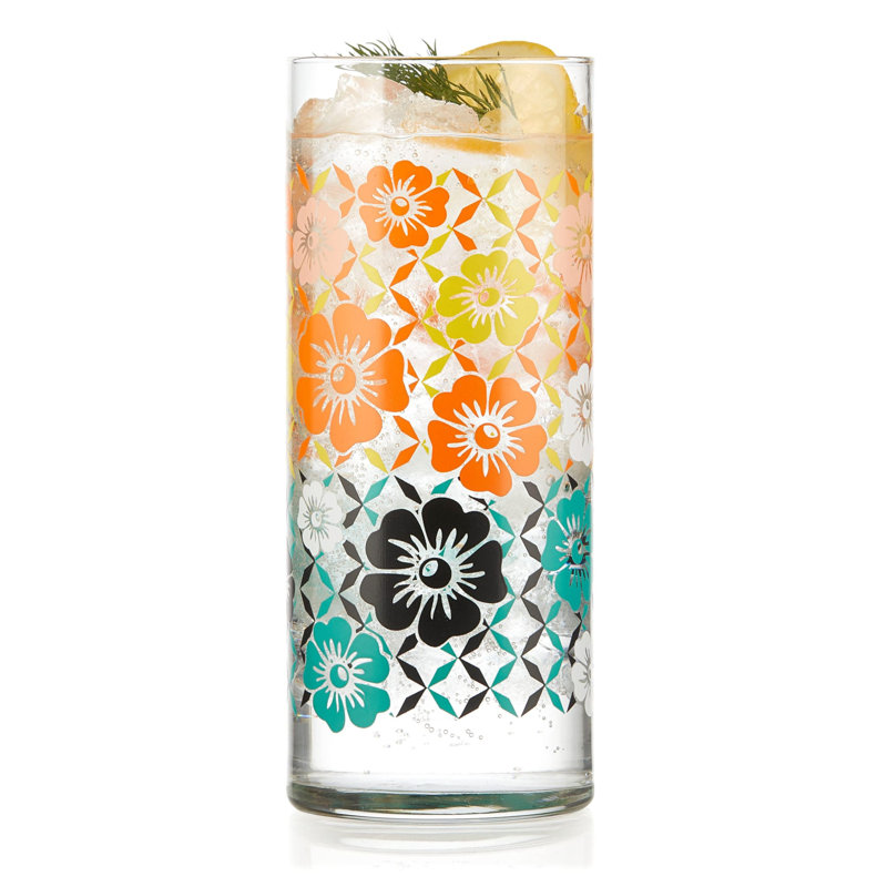 Libbey Retro Floral Design Colorful Glass Set, 16 oz, Set of 4