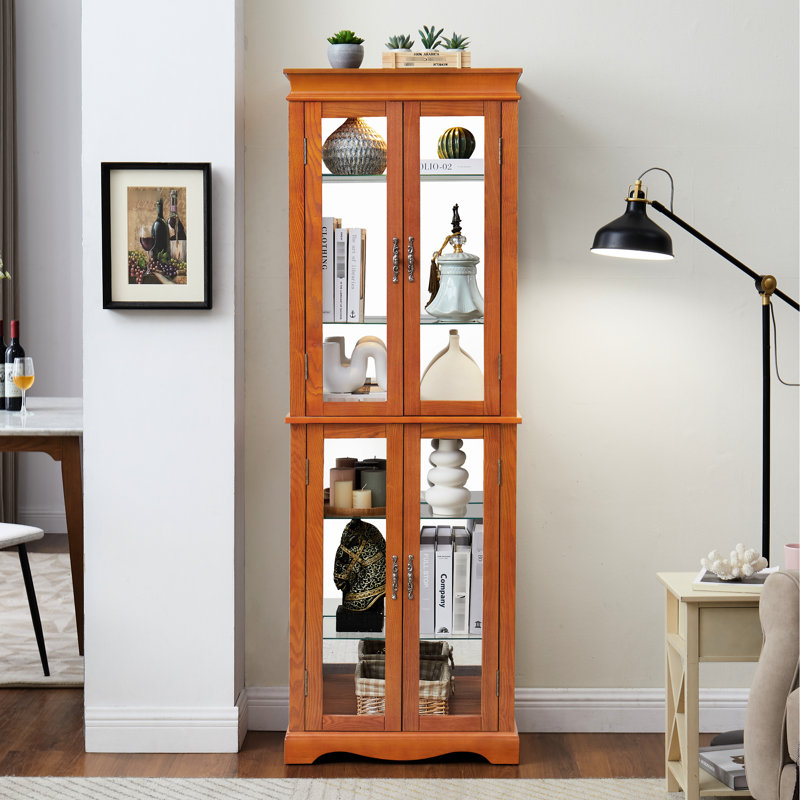 Pantry Cabinet With Hinge And Customizable Storage Lighted Glass Curio Display Vintage Handle For Living Room