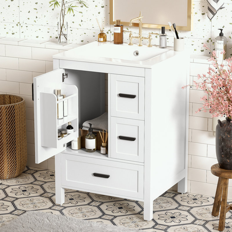 Meuble-lavabo de salle de bain avec lavabo en céramique, tablette de porte double couche et 3 tiroirs, Blanc/Noir