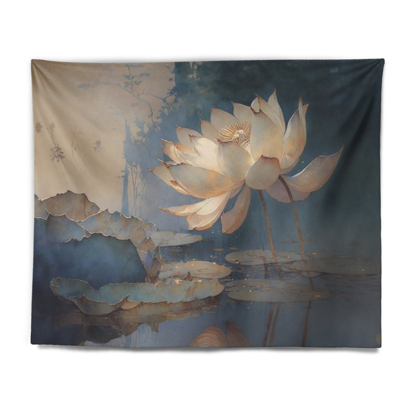 White Vintage Lotus At Dawn - Floral Lotus Wall Tapestry, 32" H x 39" W