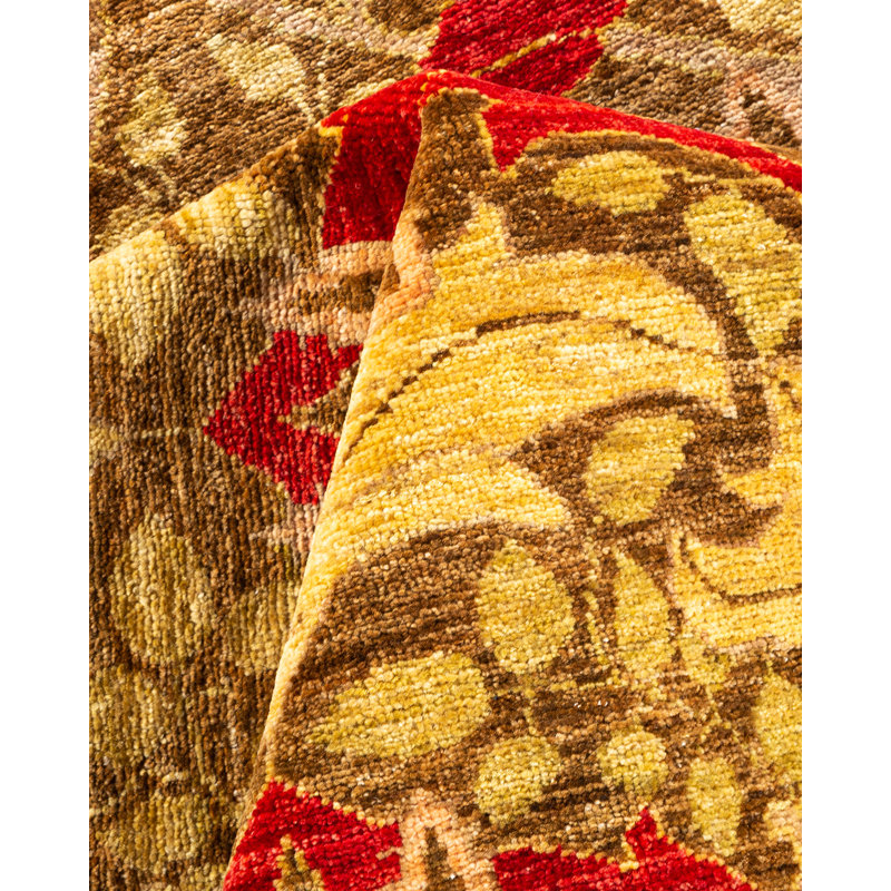 Tapis vert / ivoire / rouge noué à la main de conception unique 8 pi 1 po x 9 pi 7 po Weern Arts & Crafts