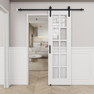 10 Lite Glass  Solid + Manufactured Wood with Installation Hardware Kit Barn Door(No Assembly Required)