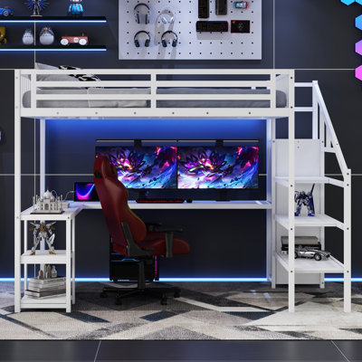 Grand lit mezzanine en métal avec éclairage à DEL, garde-robe et rangement sous le comptoir pour les adolescents