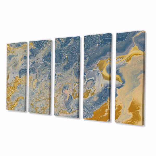 DesignArt Brown And Blue Marble Waves On Canvas 5 Pieces Print | Wayfair