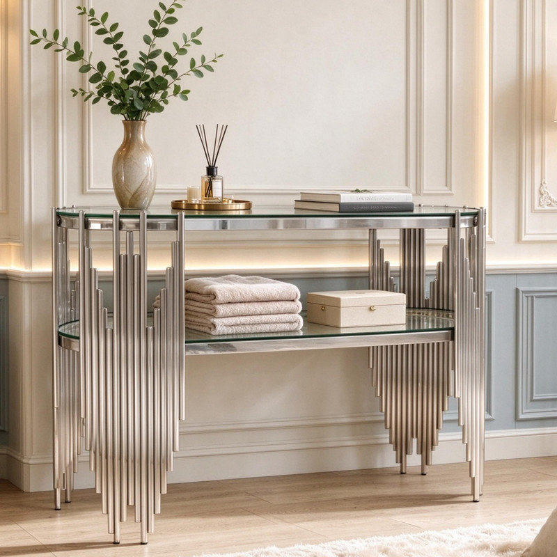 Console luxueuse en verre argenté, table d'appoint ovale élégante avec structure en acier inoxydable, table de présentation multifonctionnelle pour entrée ou salon