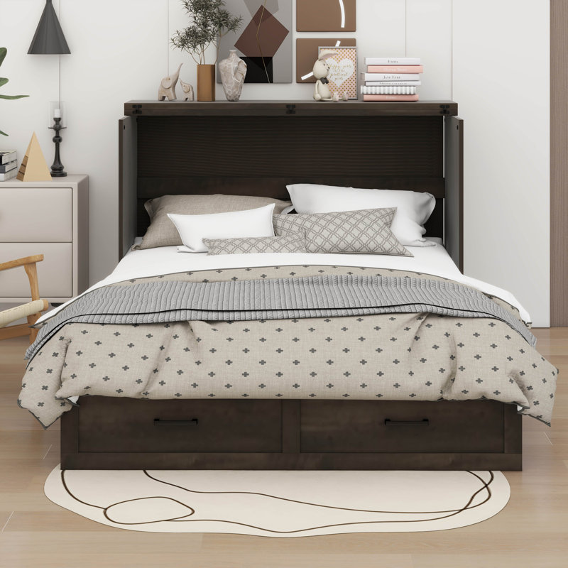 Full Murphy Bed With Storage Drawer & USB Charging Station, Rustic Grey, Full