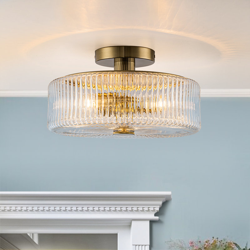 3 - Light Ribbied Glass Semi Flush Mount, Clear, Gold