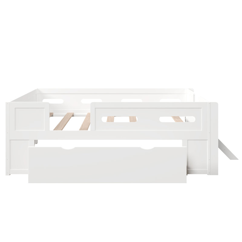 Wood Twin Size Platform Bed with Guardrail and Drawer, White, Twin, White