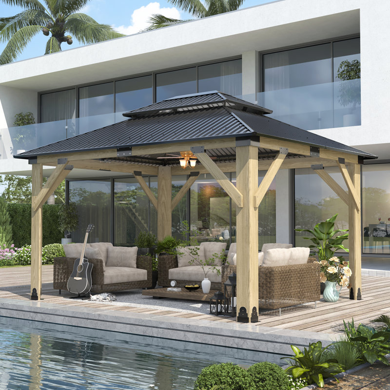 Patio Cedar Wooden Gazebo with Galvanized Steel Hardtop, 10.1' H x 13' W x 11' D