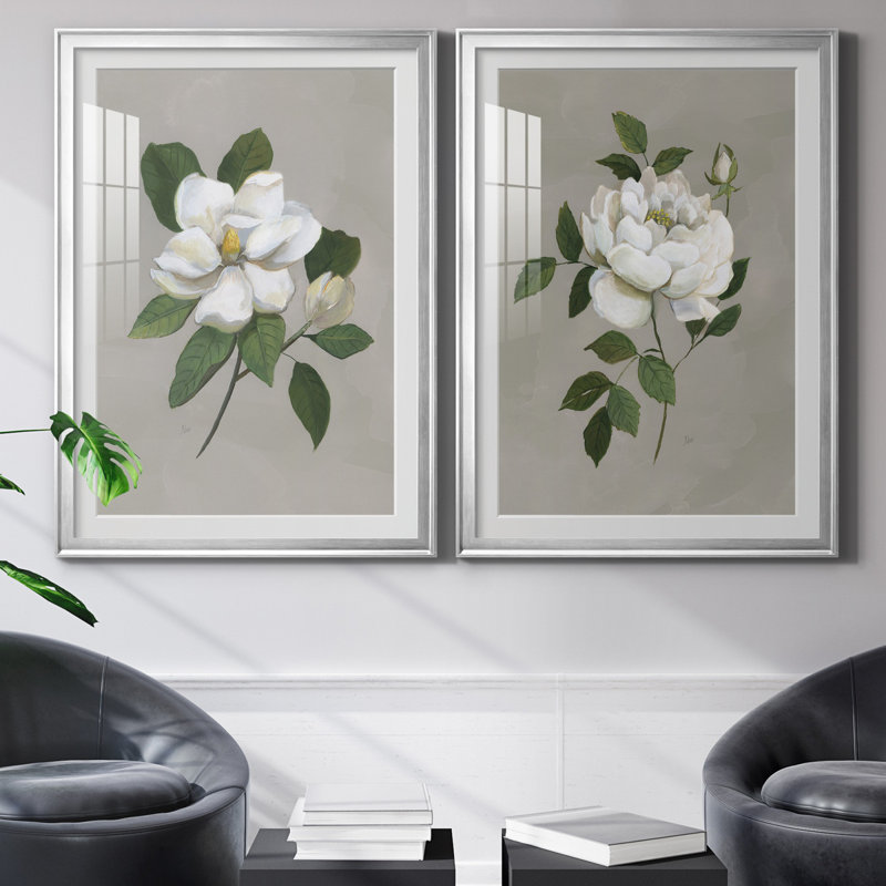 Magnolia botanique - ensemble de 2 reproductions d'art, H 26,5 po x l 73 po x P 1,5 po, Papier avec cadre argenté, Blanc