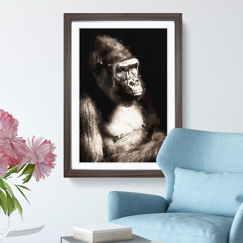 Mighty Silverback Gorilla in Abstract - Picture Frame Graphic Art Print on MDF, Walnut Framed, 48cm H x 36cm W x 2cm D