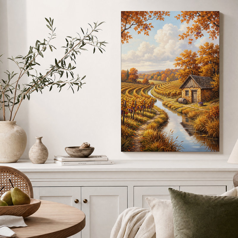 Tableau sur toile représentant un vignoble d'automne avec une maison en pierre et un ruisseau, H 24 po x l 18 po