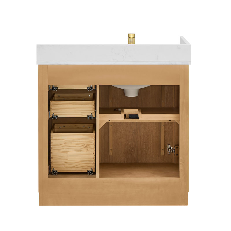 Meuble-lavabo simple 36 po Carrasco en chêne naturel brun avec plateau en pierre de quartz blanc soyeux, Chêne brun naturel