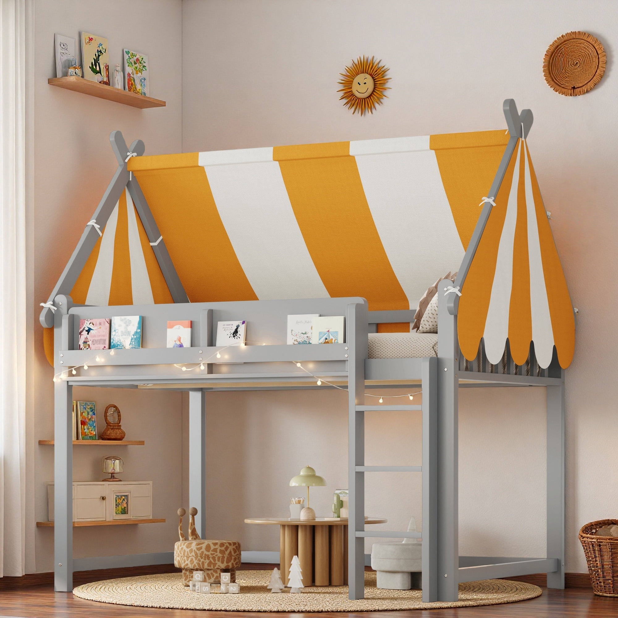 Harriet Bee Loft Bed With Canopy, Led Lights And Book Shelf - Wayfair ...