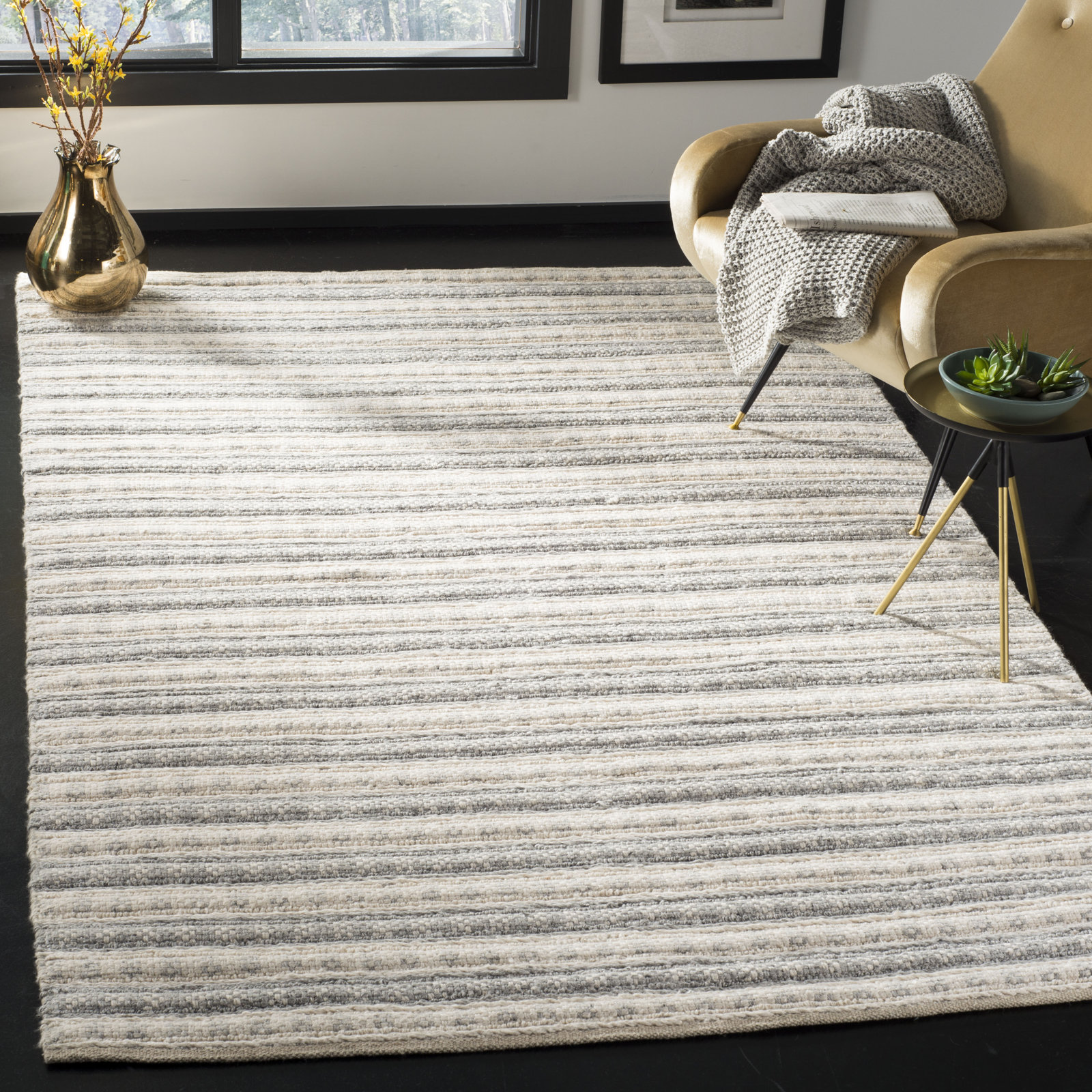 Russo Gray Ivory Hand-Woven Striped Silk Rug, Rectangle 8' x 10'