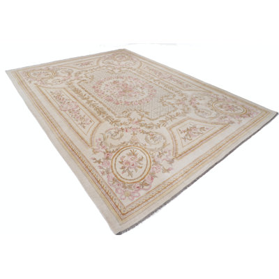 Tapis en laine noué à la main ivoire et rose pâle 9 x 12,2 pi