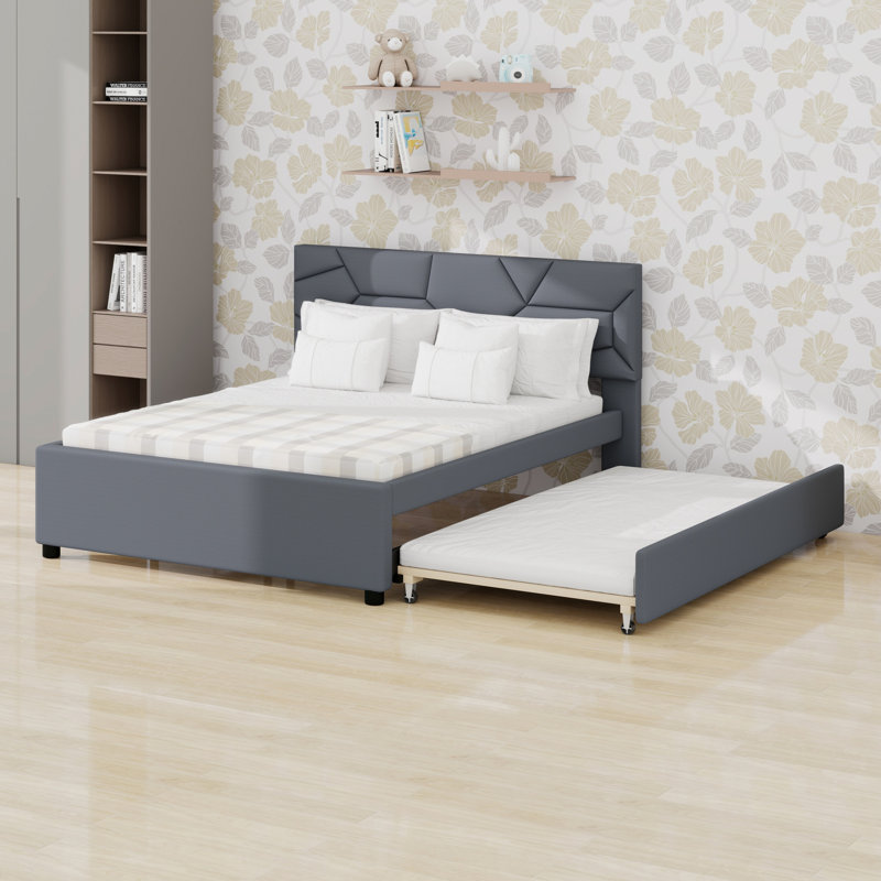 Upholstered Platform Bed With Brick Pattern Headboard And Trundle, Grey, Queen