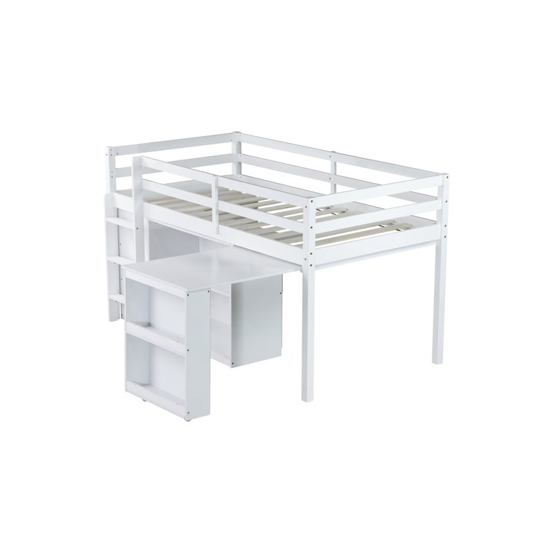 Lit mezzanine 4 en 1 blanc avec armoires de rangement, bureau coulissant et dispositifs de sécurité - lit parfait pour les petites pièces