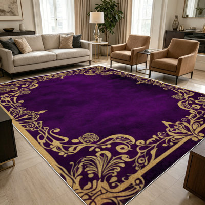 Tapis en filigrane baroque orné de 1pc or mauve rétro pour le salon, doux et confortable, convient à toutes les saisons, facile à entretenir, tapis de sol intérieur lavable à la machine, sous la table de ferme convenant à la table à manger, à la chambre à coucher, à la cuisine, au patio,