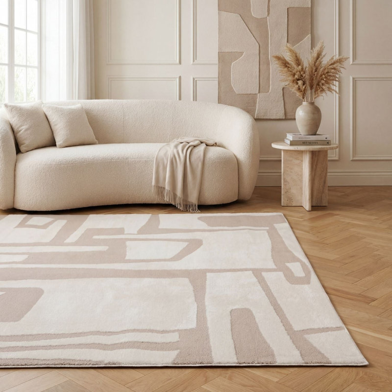 Loft Modern Abstract Living Room Area Rug and Runner Soft Pile, Rectangle 160 x 230 cm, Beige/Ivory