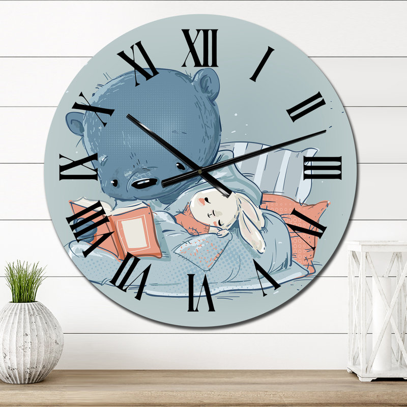 Adorable ourson en peluche avec petit lièvre blanc - horloge murale pour enfants, Petit