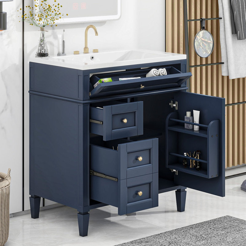 Meuble-lavabo avec lavabo pour la salle de bain, Bleu, Or