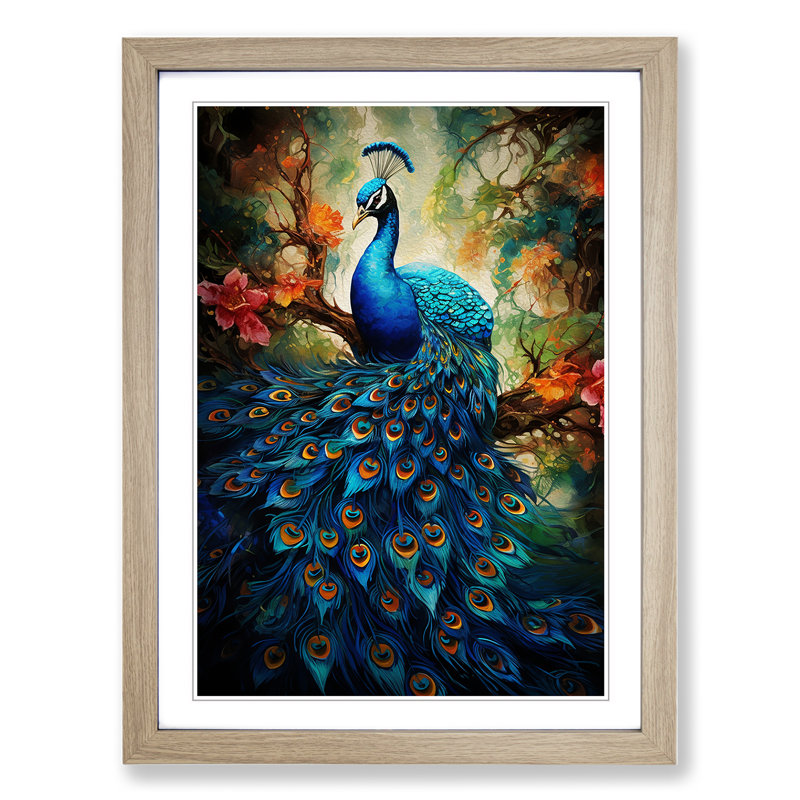 Peacock Contemporary - Single Picture Frame Print on Wood, Oak Framed, 64cm H x 46cm W x 2" D