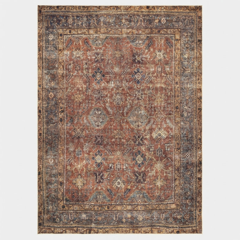 Tapis traditionnel terre cuite / moutarde antidérapant lavable à la machine, Rectangulaire 8 pi x 10 pi
