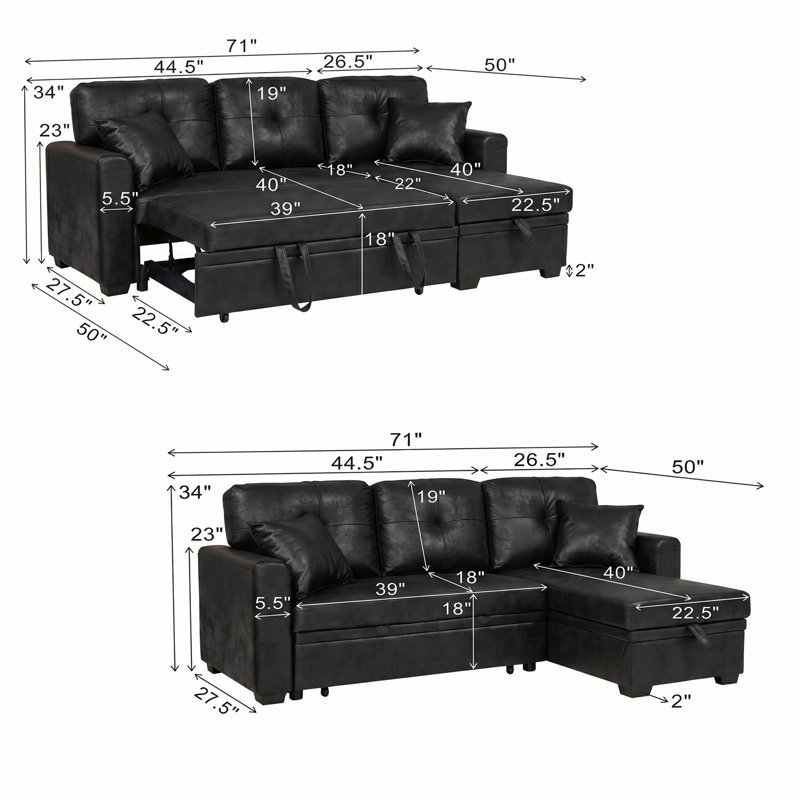 Canapé-lit modulaire convertible 71 po avec lit escamotable et méridienne réversible avec rangement, Polyester noir