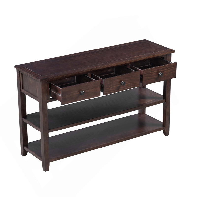 Console rétro avec deux tablettes ouvertes, structure et pieds en bois de pin massif, Brun, Brown