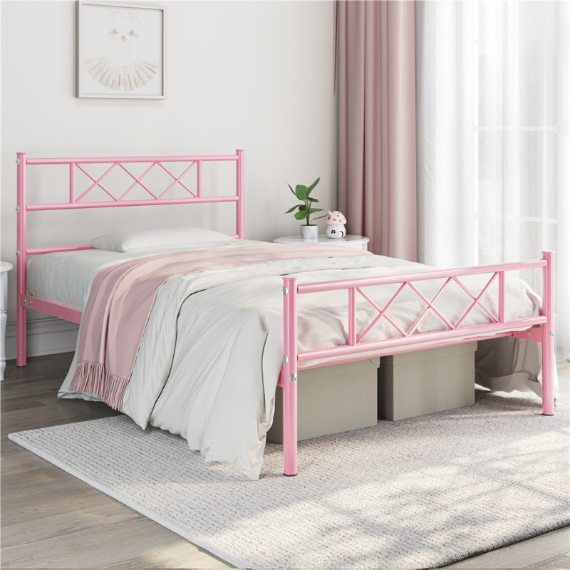 Modern Metal Bed Frame with Cross-design Headboard & Footboard, Single (3'), Pink
