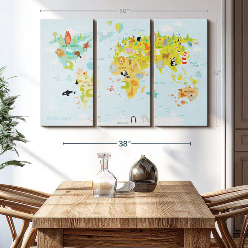 "Carte du monde des animaux" sur toile, H 32 po x l 50 po x P 1,25 po
